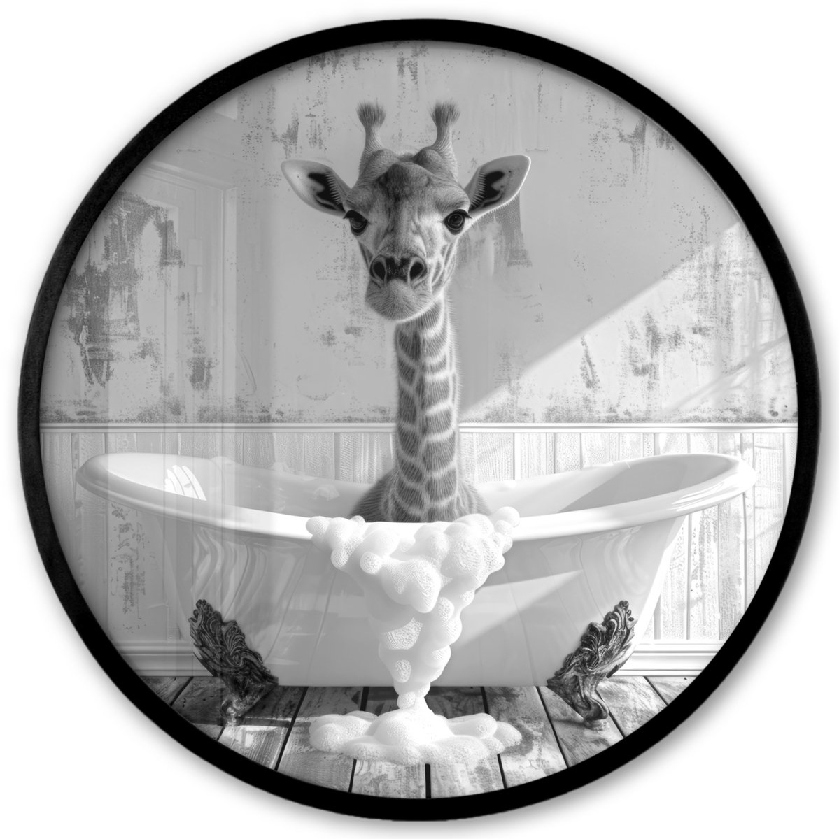 FrameYourWall Poster in lijst Rond - Fotolijst 40x40 cm - Posters - Giraffe - Dier - Badkuip - Vintage - Zwart - Wit - Ronde posterlijst zwart - Decoratie - Wanddecoratie woonkamer - Muurdecoratie slaapkamer Giraf - Badkuip