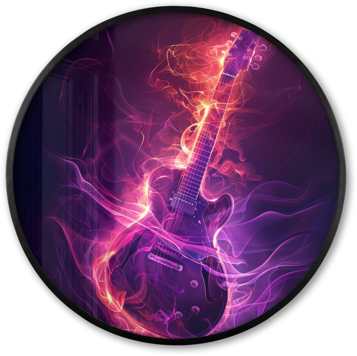 FrameYourWall Poster in lijst Rond - Fotolijst 60x60 cm - Posters - Gitaar - Muziek - Rook - Paars - Ronde posterlijst zwart - Decoratie - Wanddecoratie woonkamer - Muurdecoratie slaapkamer Gitaar - Neon