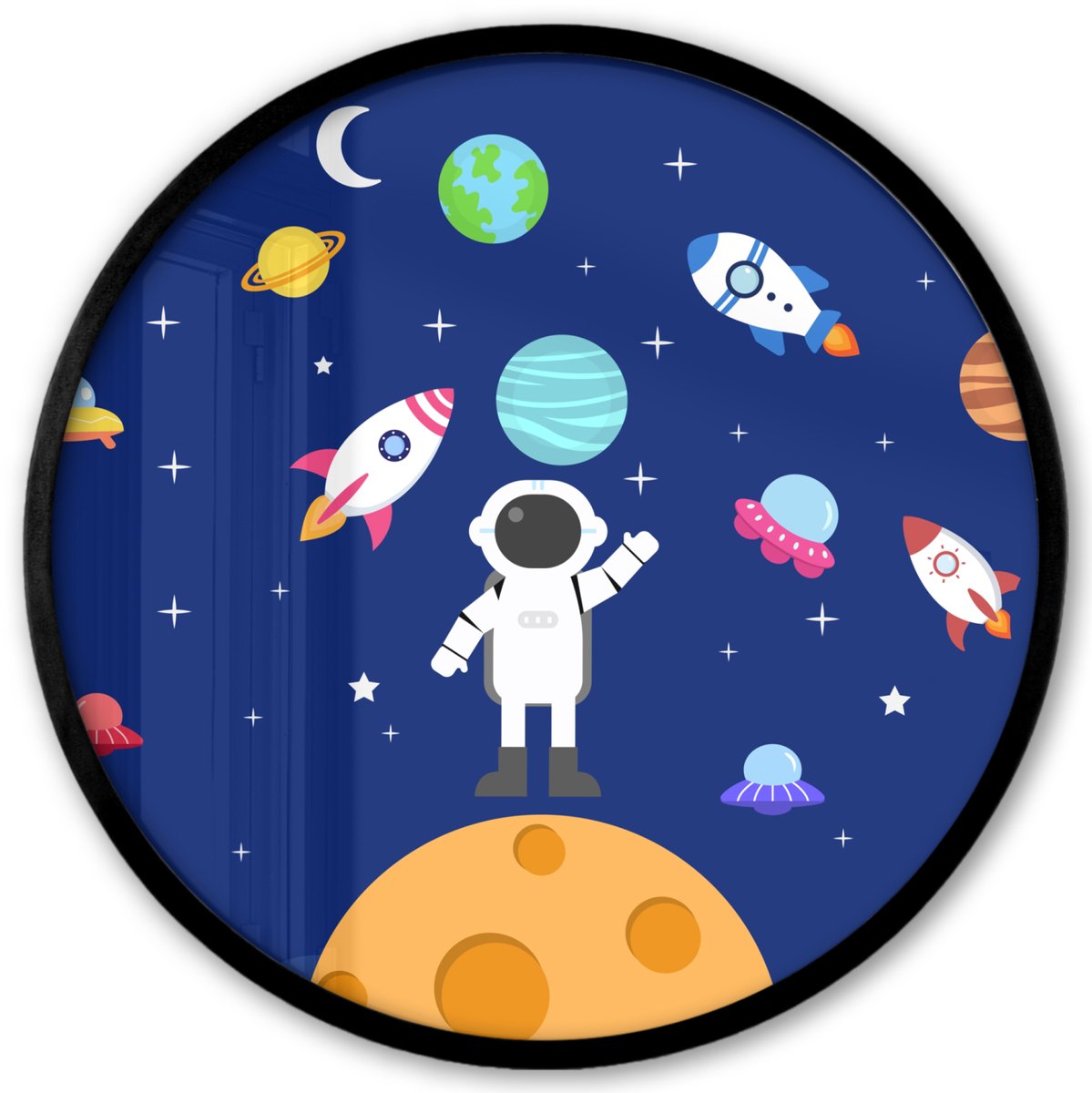 FrameYourWall Poster in lijst Rond - Fotolijst 40x40 cm - Posters - Ruimte - Astronaut - Raket - Blauw - Ronde posterlijst zwart - Decoratie - Wanddecoratie woonkamer - Muurdecoratie slaapkamer