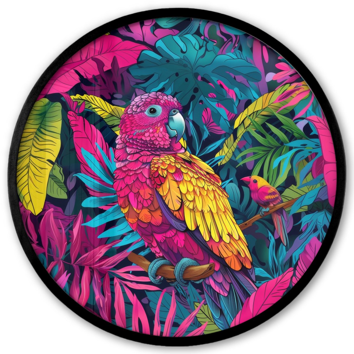 FrameYourWall Poster in lijst Rond - Fotolijst 40x40 cm - Posters - Papegaai - Tropisch - Jungle - Kleurrijk - Ronde posterlijst zwart - Decoratie - Wanddecoratie woonkamer - Muurdecoratie slaapkamer