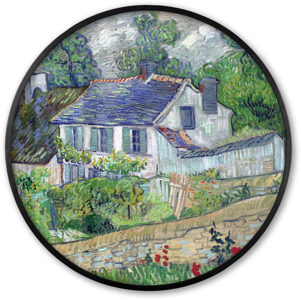 FrameYourWall Poster in lijst Rond - Fotolijst 80x80 cm - Posters - Huis in Auvers - Vincent van Gogh - Ronde posterlijst zwart - Decoratie - Wanddecoratie woonkamer - Muurdecoratie slaapkamer Multicolor