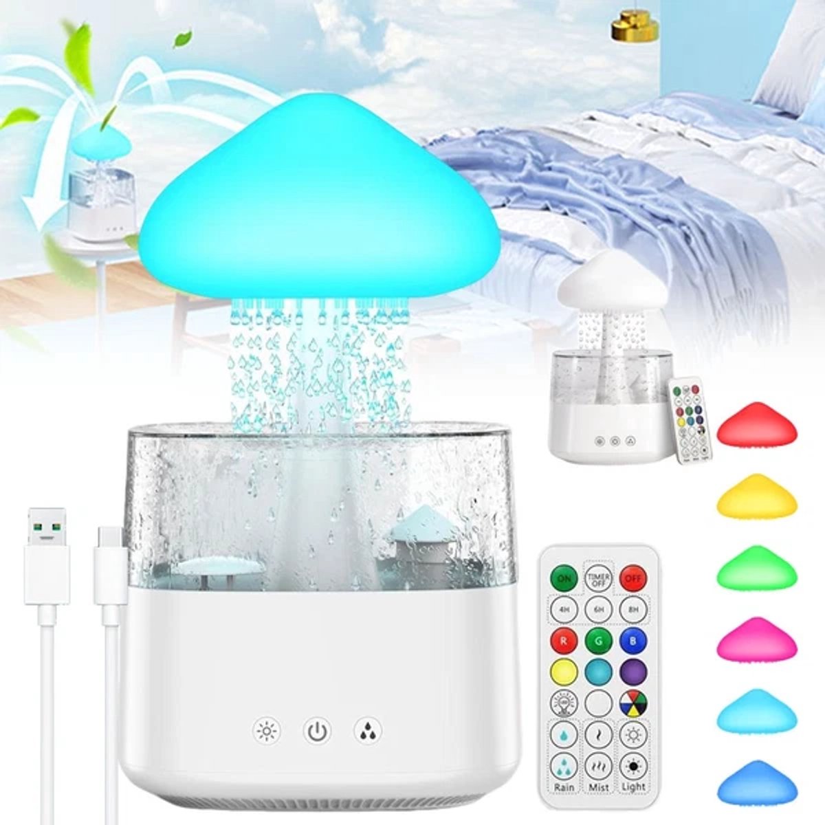 Cloud Humidifier - Regenwolk Luchtbevochtiger - Regendruppel - White Noise Machine - Slaaptrainer - Aroma Diffuser - Rain Drop - Nachtlamp - Nachtlampje - Bureaulamp