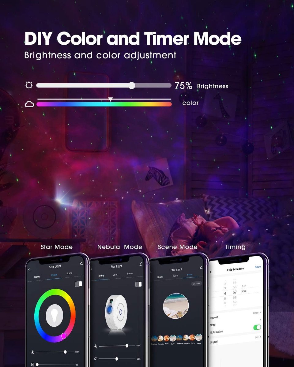 Smart sterrenhemelprojector, 3D-projector voor sterrenhemel, led, voor kinderen en volwassenen, met RGB, dimmen/spraakbesturing wifi-verbinding, voor gebruikt thuis of bij feestjes, wit – foto 4