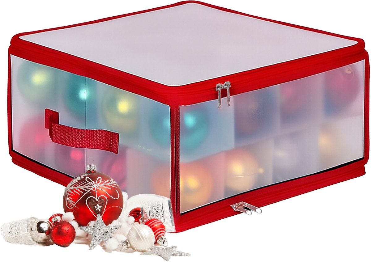 Kerstballen opbergbox - voor 32 ballen - kunststof - transparant-rood