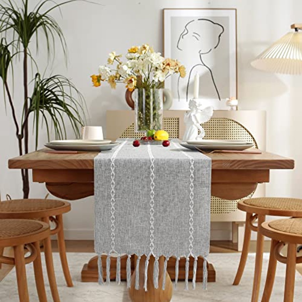 Rustieke Boho Tafelloper voor Eettafel - Lichtgrijs, 30 x 274 cm