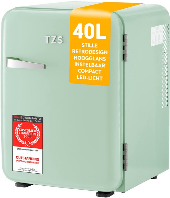 TZS First Austria Mini koelkast - Minibar - 40 liter - Vrijstaand - Volledig stil 22dB - Retro - Groen