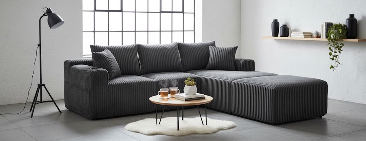 Luxe Modulaire 3-Zits Slaap- en Loungebank met Chaise Longue – Moderne Corduroy Designbank met Opbergvakken, Bekerhouders & 5 Kussens – Comfortabele Logeerbank voor Woonkamer, Slaapkamer, Studio of Kantoor – Grijs Ganeey