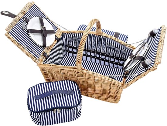 Panier pique-nique en osier bleu/blanc 4 personnes 26 pièces