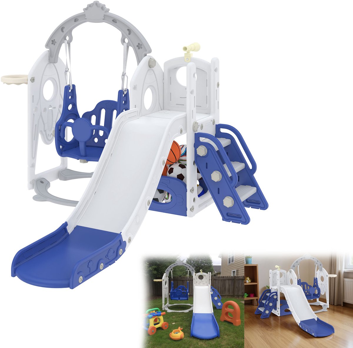 6-in-1 Kinderrutschweg Met Klimrek, Vrijstaande Rutschbaan, Klimmen, Basketbalnet & Schommel – Kinder Rutschweg Met Klimrek, Kinder Rutschspeelgoed Set