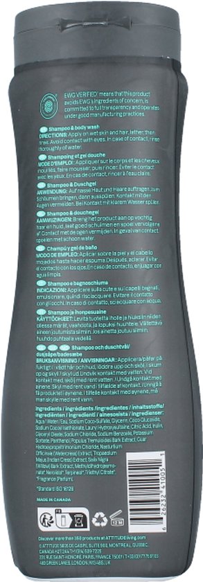 Grijze fles met productinformatie in diverse talen. Een groene cirkel toont een blad.
