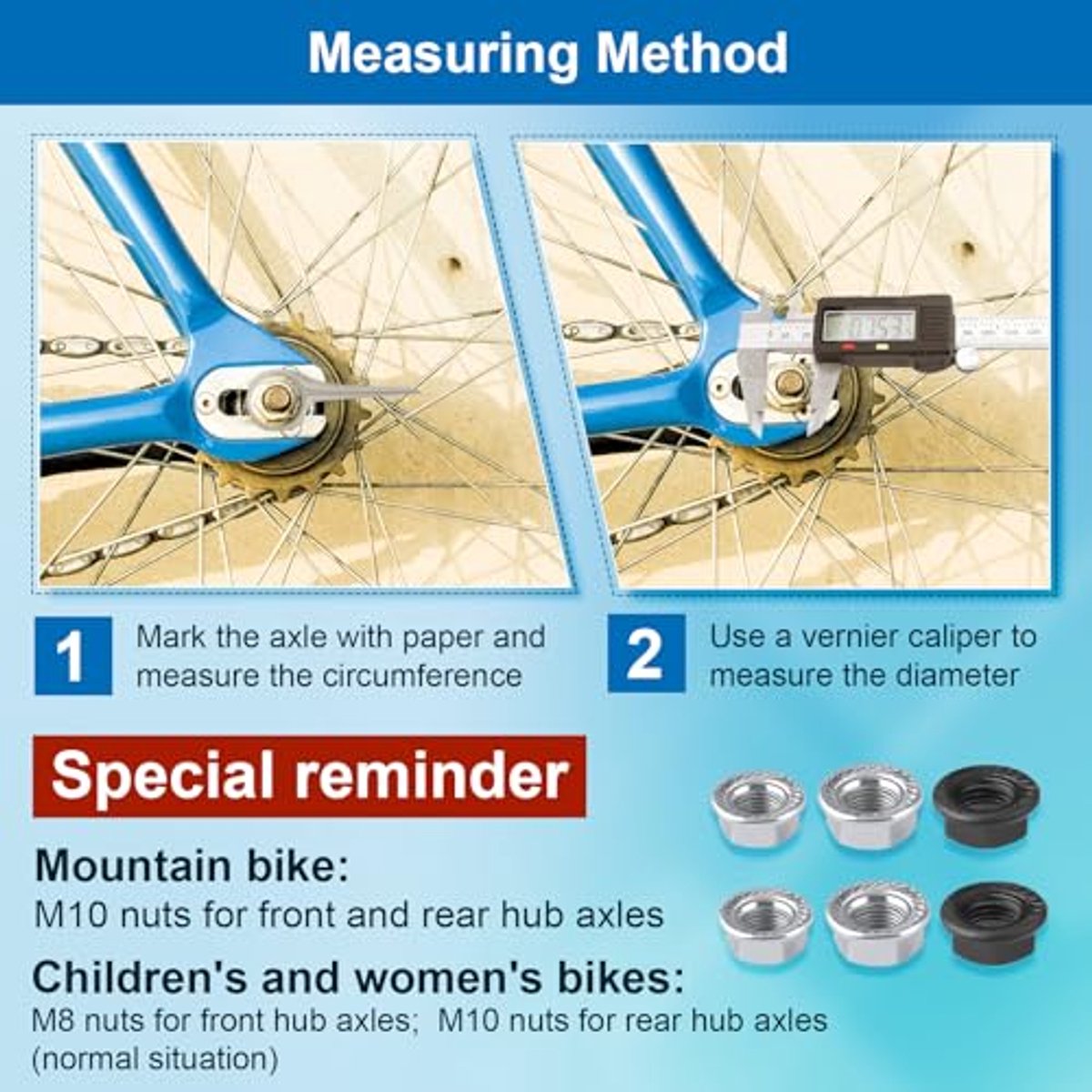 6pcs Bicycle Wheel Axle Nut, M8 M9.5 M10 Bicycle Hub Flange Axle Nut Bicycle Axle Nut Bicycle Parts for Mountain Road Commuter Bike Front and Rear Wheel Axle (3 Sizes thumbnail 3