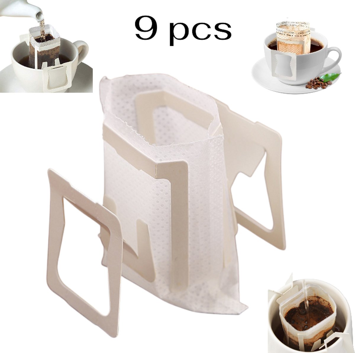 9 stuks - Filterkoffie - Draagbare filterkoffiebekers - Filterkoffiepoederzakjes - Koffiefilterzakjes - Filterkoffiezakjes - Per portie - Geschikt voor diverse koffiekopjes/servies - Geschikt voor thuis, op reis en op kantoor