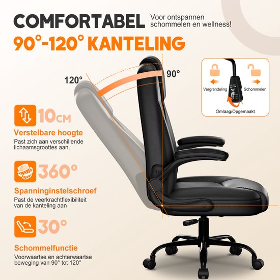 Zwarte bureaustoel met kantelfunctie van 90°-120°, 10cm in hoogte verstelbaar, 360° spanningsschroef en schommelfunctie.
