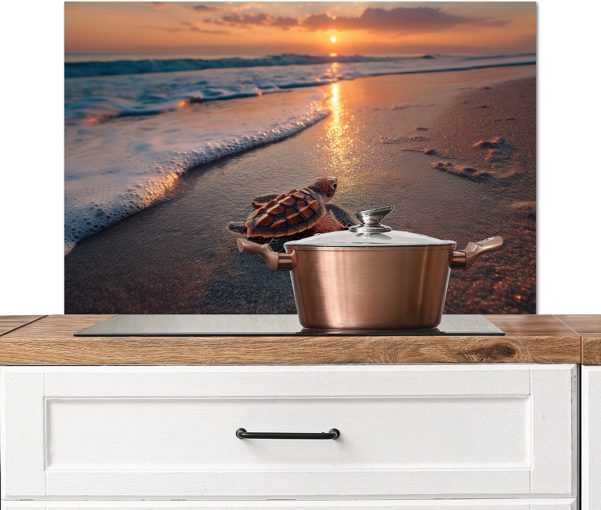 Spatscherm keuken 80x55 cm - Kookplaat achterwand Schildpad - strand - Zonsondergang - Muurbeschermer - Spatwand fornuis - Hoogwaardig aluminium