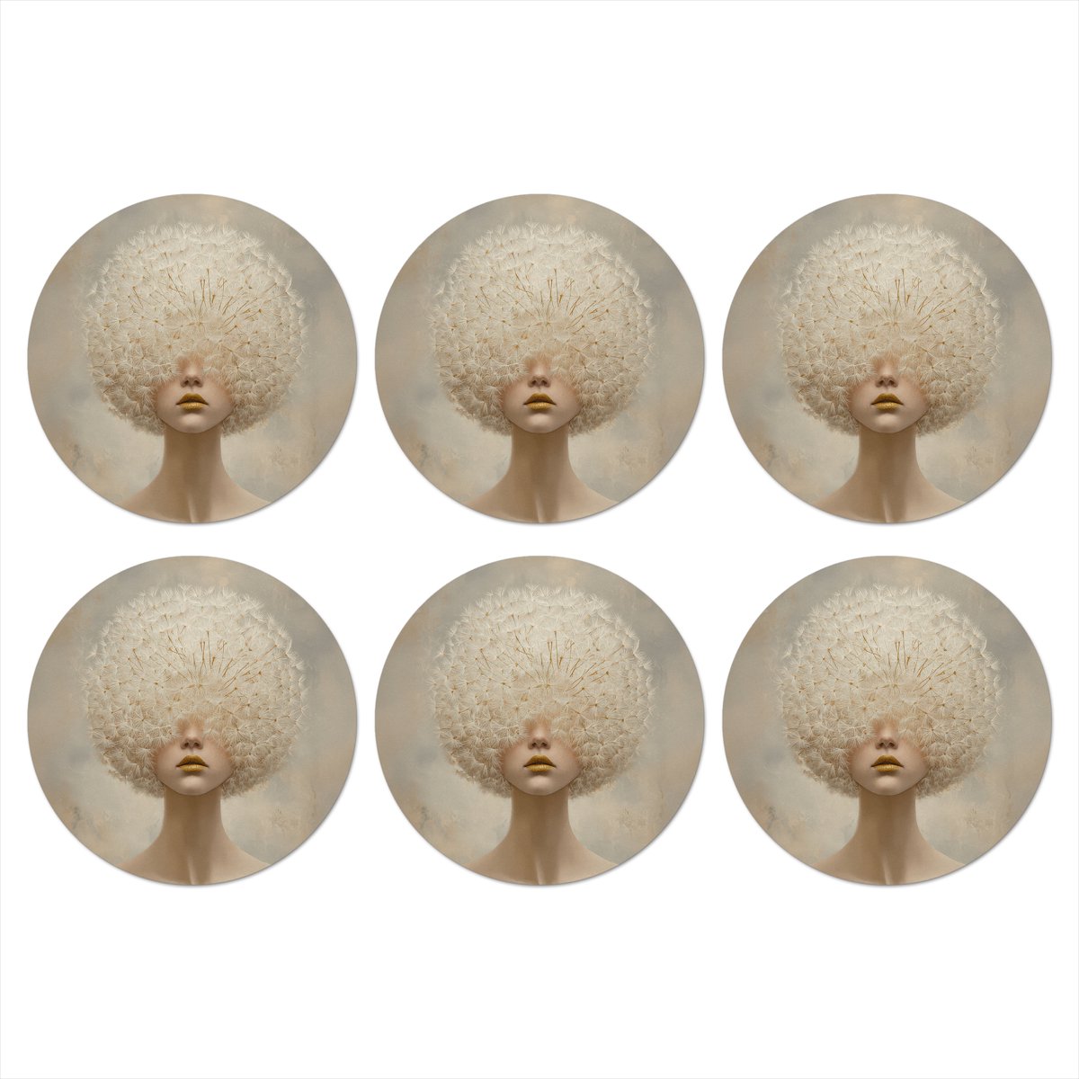 Onderzetters voor glazen - Rond - Dromerig - Beige - Paardenbloemzaadjes - 10x10 cm - Glasonderzetters - 6 stuks