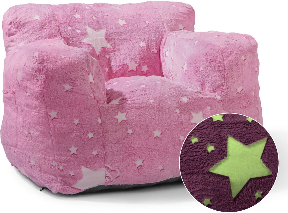Lumaland Kinder Zitzak – Glow-in-the-Dark Sterren Design, Indoor Kindersofa, Zacht & Onderhoudsvriendelijk, 68×70×60 cm roze