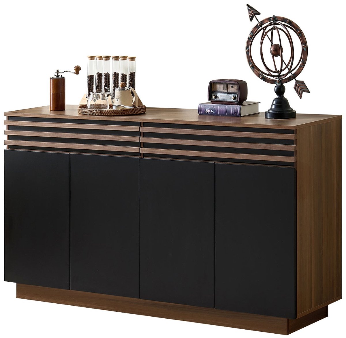 Merax Modern Sideboard 150 x 40 x 85 cm – Dressoir in Houtlook met Zwarte Deuren, 2 Lades & 4 Deuren – Veel Opbergruimte voor Woonkamer - Eetkamer of Keuken