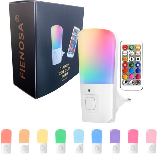Fienosa Nachtlampje Stopcontact – Kinderen & Volwassenen – LED Nachtlampje Kinderkamer – Dimbaar in 10 standen – Multi Kleur RGB & Warm Wit – Met Timer & Afstandsbediening – Stopcontactlamp Duurzaam Nachtlampje Slaapkamer