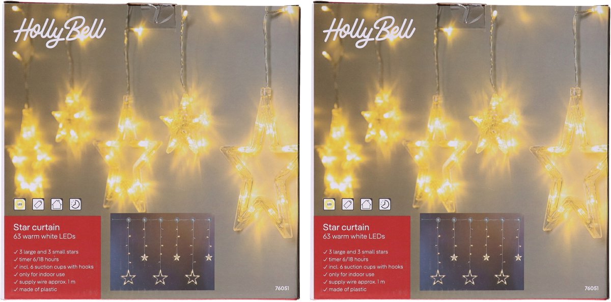HI Kerstverlichting lichtgordijn - 2x - warm wit - 6 sterren - 63 led lampjes - 200 cm - lichtsnoer