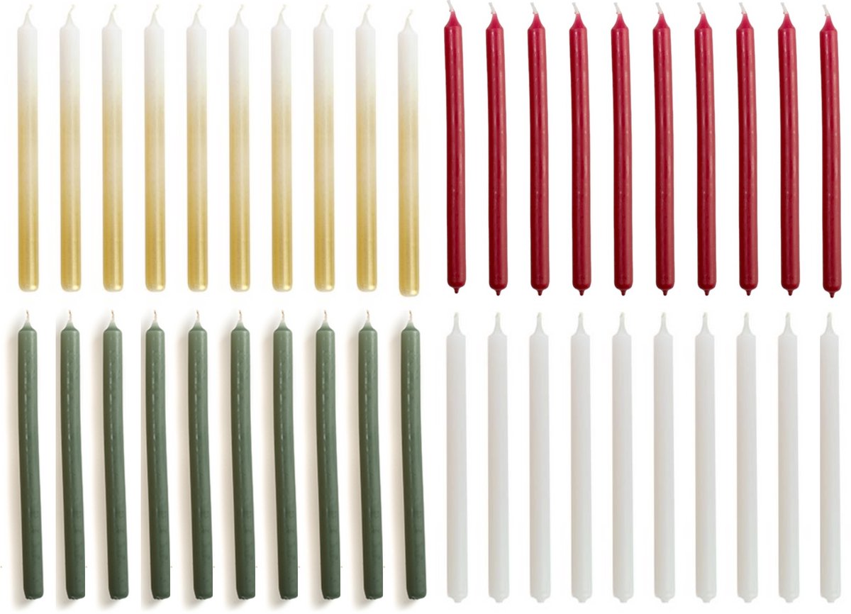 Cactula Gekleurde Kerstboomkaarsjes – Set van 40 | Dunne Potloodkaarsen 10x17 cm | Goud, Groen, Wit & Rood | Hoge Kwaliteit | Voor Smalle Kandelaren - Klassiek