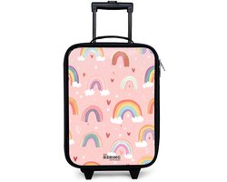 NoBoringSuitcases.com® - Kinderkoffer meisje - Kindertrolley meisjes - Regenbogen op een roze achtergrond - Koffer kind lichtgewicht - Reiskoffer trolley voor kinderen - Koffertje met lichtgevende wieltjes - Rolkoffer zwart