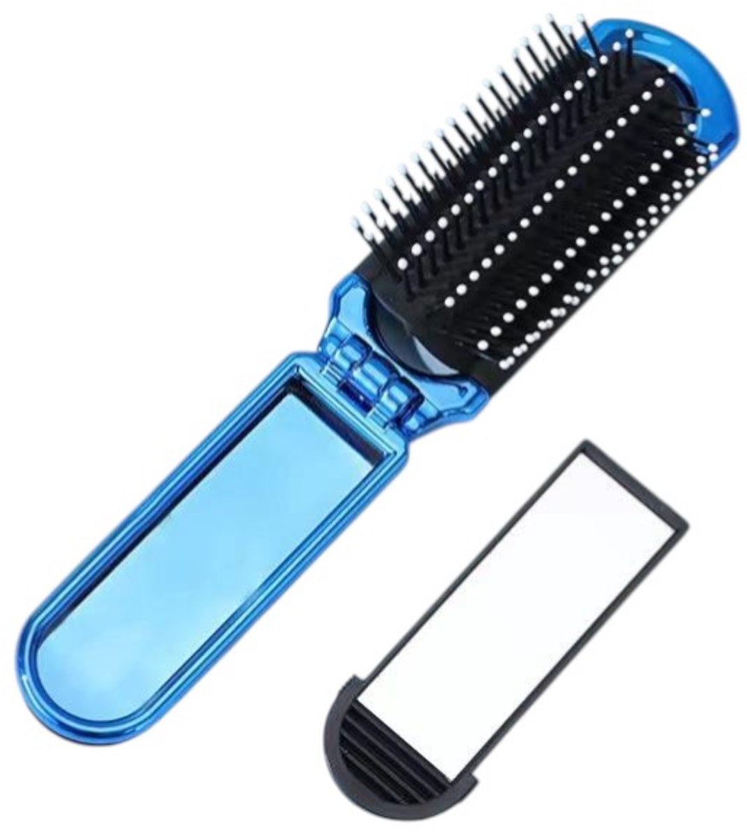 Opvouwbare Haarborstel - Blauw | 11 x 3,9 cm | Spiegel/Inklapbaar | Fashion Favorite