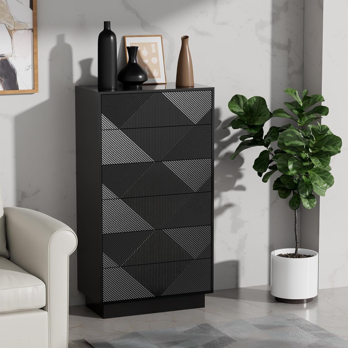 UEV ladekast met 6 laden, speciaal gegraveerd oppervlak met zijdezachte touch, grote opbergruimte, lade met drukknop, voor woonkamer en slaapkamer, 60 x 33,5 x 111 cm, Zwart