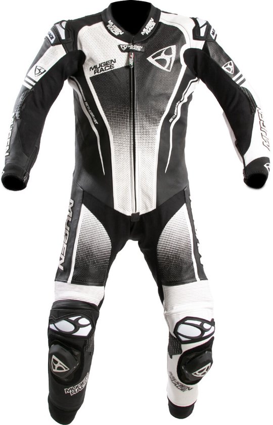 Combinaison de moto 1 pièce noire et blanche Mugen Race avec du texte 'Mugen Race' et des accents blancs.