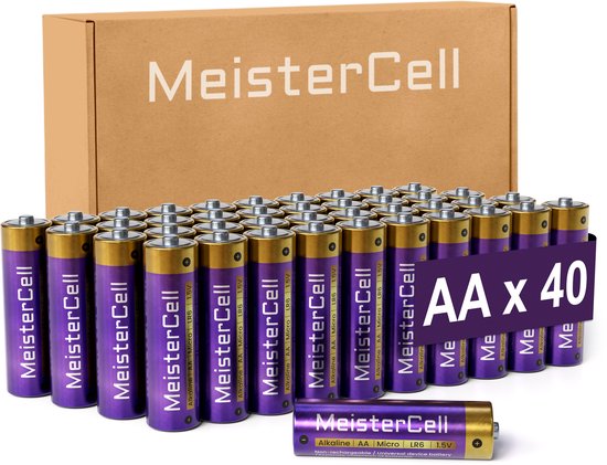 Boîte avec logo "MeisterCell" et 40 piles AA violettes, une pile devant.