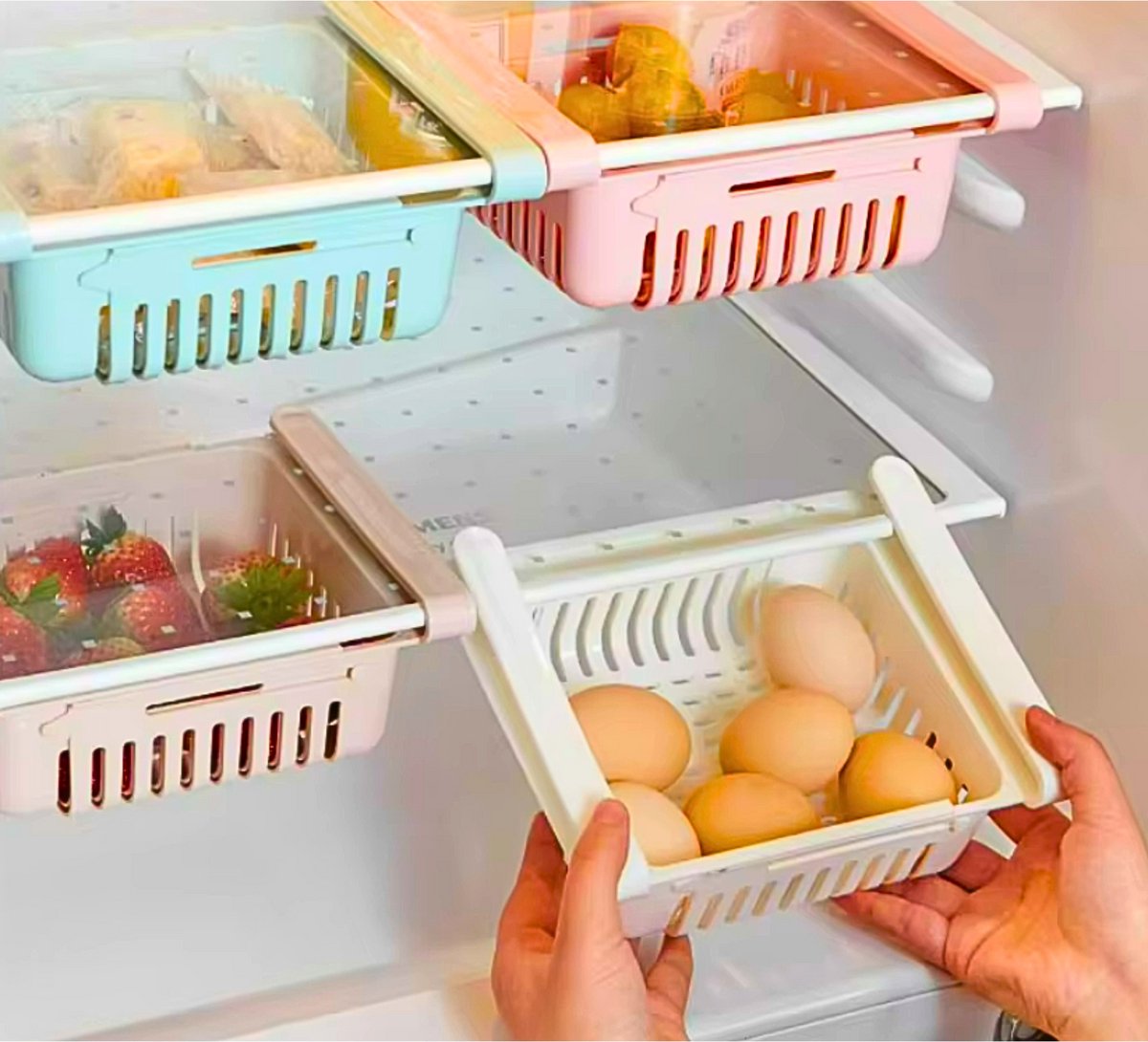 Janse® Verstelbare koelkast organizers set van 4 - Koelkast organizers wit - Opbergbakjes - Keuken organizer - Voorraadbakjes - Bakjes voor groenten en fruit - Ophang bakjes