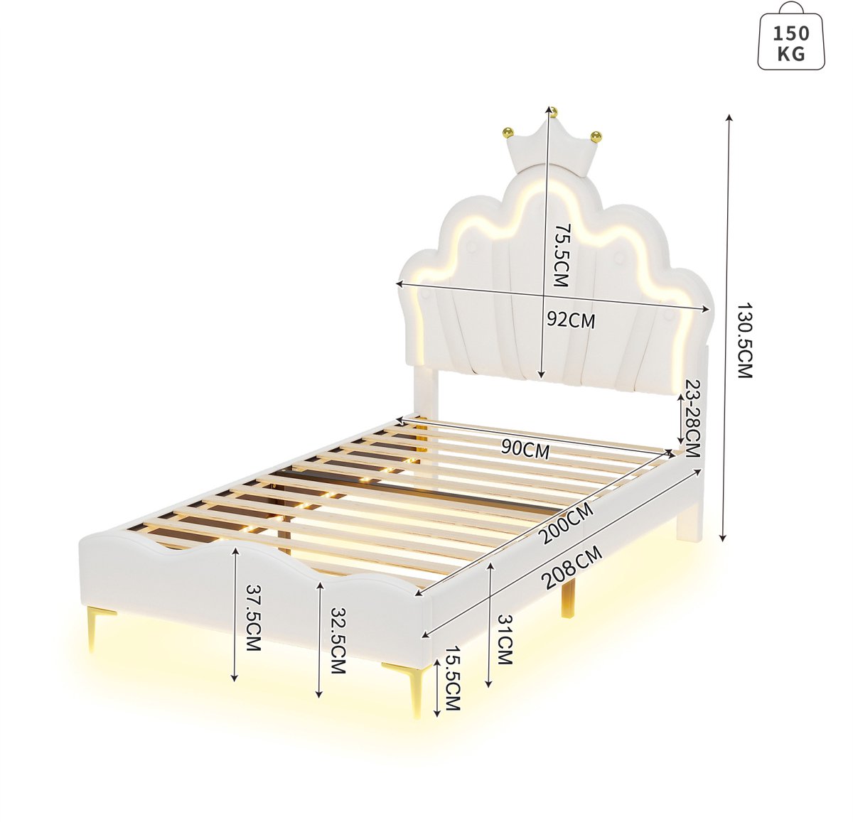 Gestoffeerd Gestoffeerd Prinsessenkroon Kinderbed 90x200 - afbeelding 2