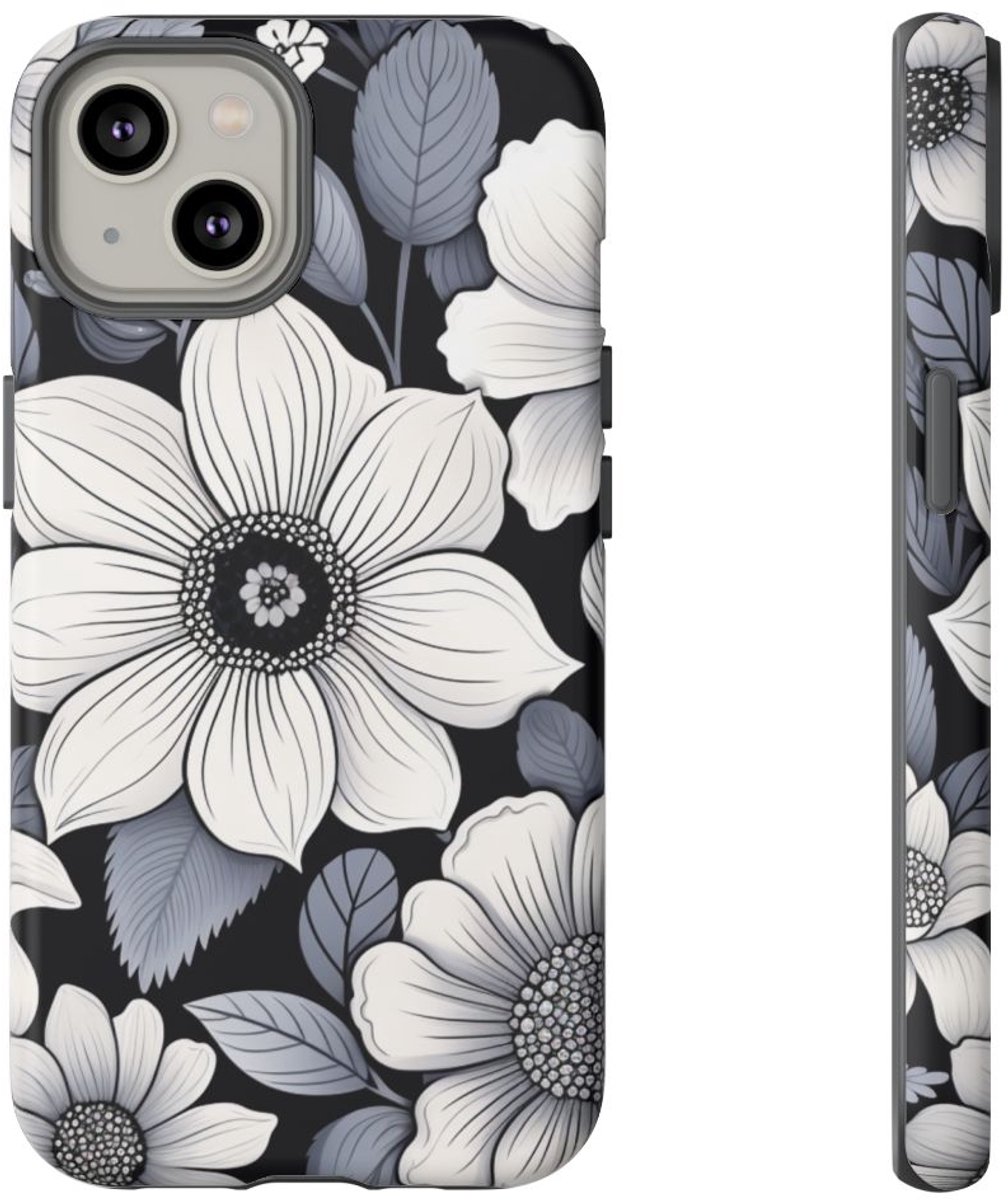 Zwart-Wit Bloemenpatroon – Telefoonhoesje Geschikt voor iPhone 14
