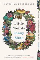 Boekomslag met tekst 'Little Weirds' door Jenny Slate, omringd door illustraties van een hotdog, ijsjes, ondergoed, bier, een dinosaurus en bloemen.