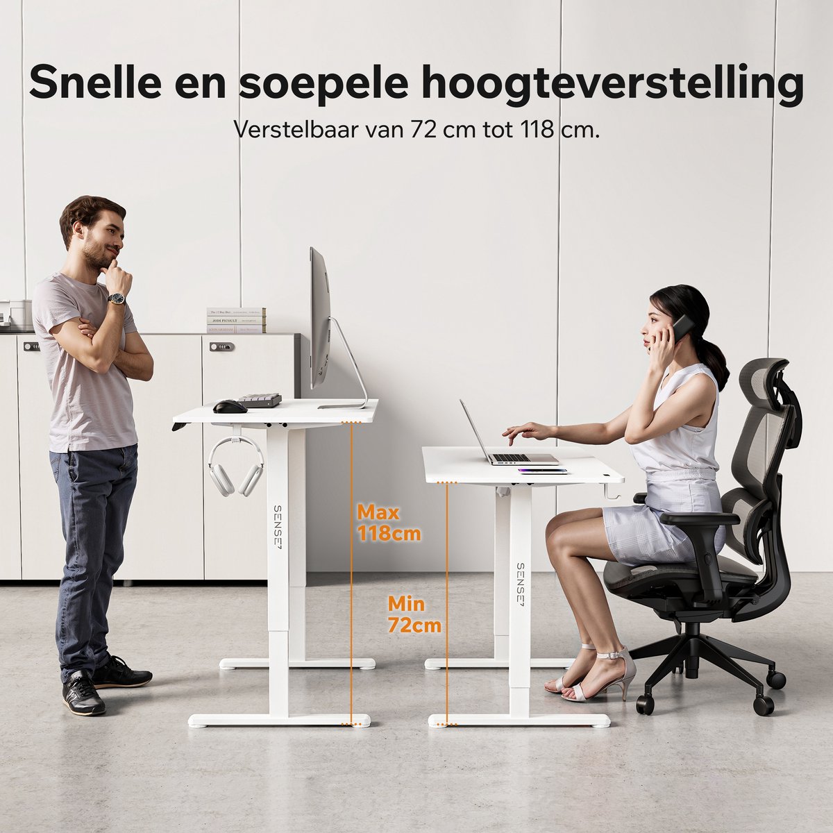 SENSE7 NOJO LIGHT - Zit Sta Bureau - 120 cm x 60 cm - Elektrisch bureau - Verstelbare bureau - Elektrische Hoogteverstelling - Hoogte 72-118 cm - Intelligent Bedieningspaneel - Wit thumbnail 2
