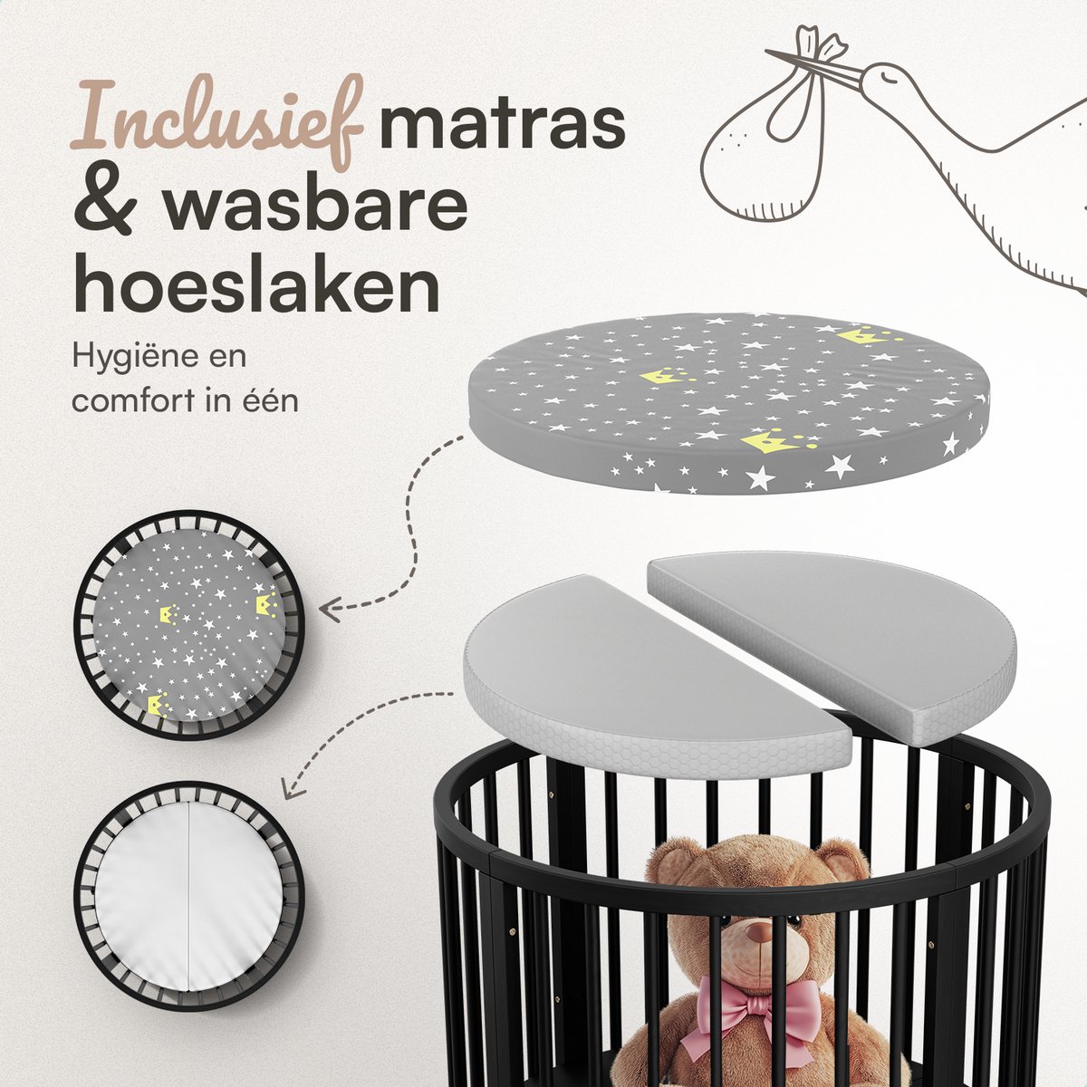 Flowsense Baby Box – Ronde Speelbox - Grondbox - Kinderbox - Playpen – Met Matras – Verstelbare Hoogtes – Wielen - Zwart – foto 4