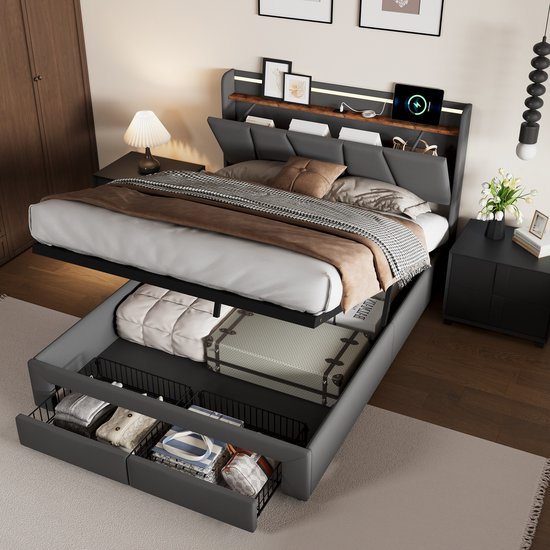 Tweepersoonsbed 140x200cm – Donkergrijs Linnen Gasveer Bed met LED & USB – Bedvoet 2 Laden