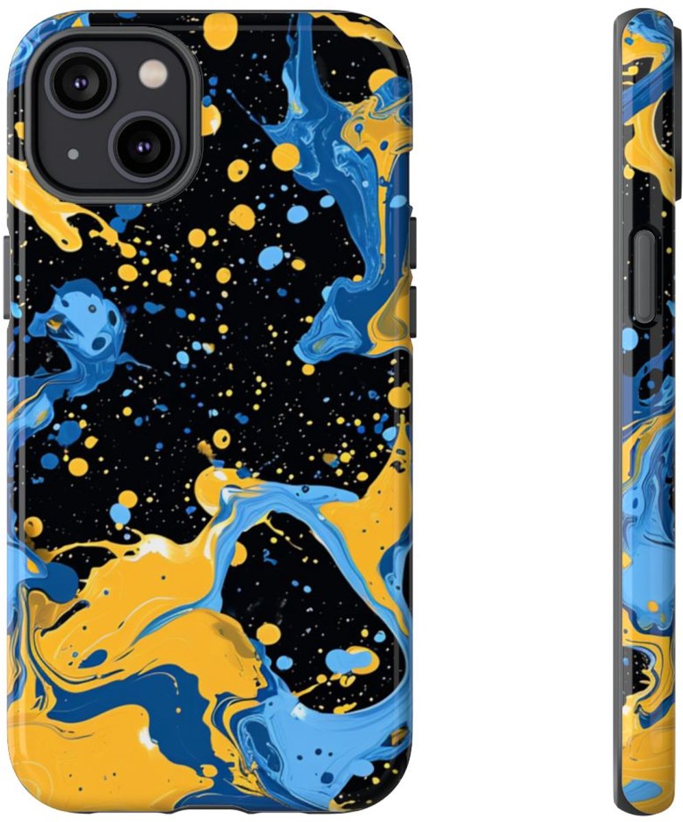 Blauwe en Gele Verfspatten Abstract – Telefoonhoesje Geschikt voor iPhone 14 Plus