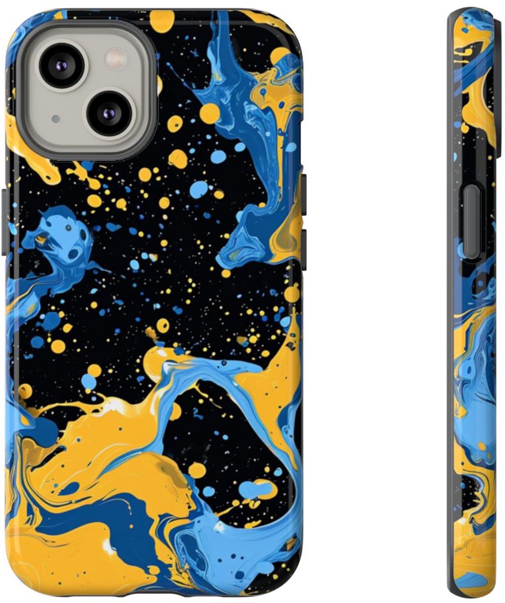 Blauwe en Gele Verfspatten Abstract – Telefoonhoesje Geschikt voor iPhone 14