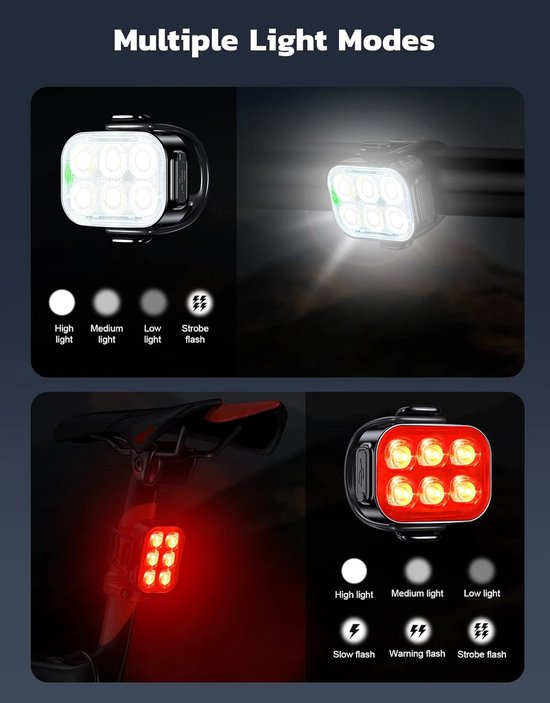 2 stuks - Fietsverlichting - USB-oplaadbare fietslamp - met spot- en flood bundel - waterdichte fietsverlichting - MTB & Racefiets verlichting - voor nachtelijk fietsen - voorlicht - achterlicht - fietskoplamp - Fiets achterlicht - rood, wit — afbeelding 2