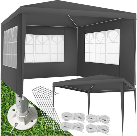 tectake® Paviljoen Barinas - Partytent 3x3 m - Waterdicht Zeildoek met 3 Verwijderbare Zijpanelen - Weerbestendig Tuinpaviljoen - Inclusief Spanlijnen en Haringen - Grijs