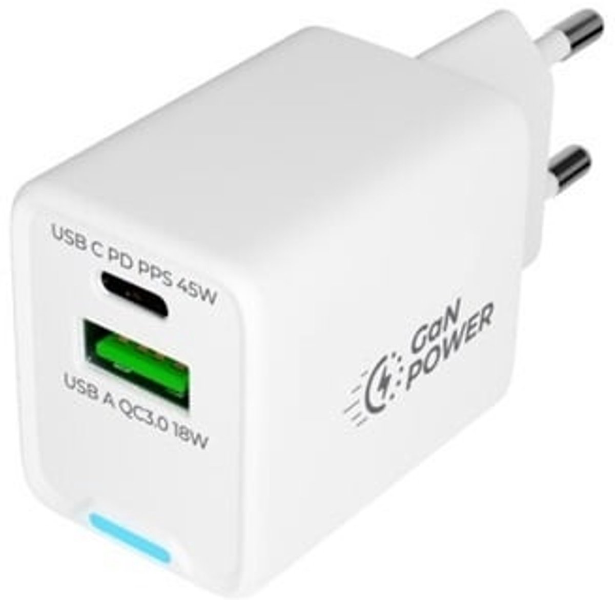 OneOne 45W super snellader met 2 poorten. USB C en USB A. Compacte GAN Quick Charge lader. PD PPS oplader adapter past op Nokia T20, T21, X10, X100, X20, X30, X5, X7, X71, XR20, XR21, 9 PureView