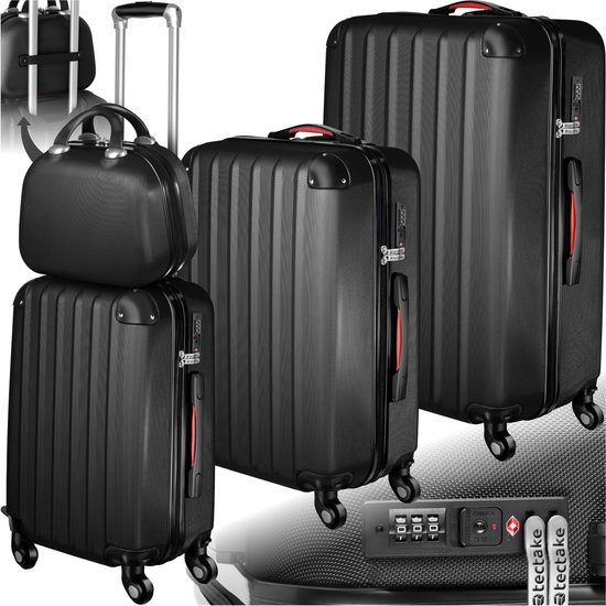 Ensemble de valises 4 pièces tectake® - 3 valises en ABS avec coque rigide et trousse de beauté - Avec serrure à combinaison TSA - Avec bagages enregistrés Grande valise (90L et 60L), valise à main (35L) et trousse de beauté (10L) - Noir