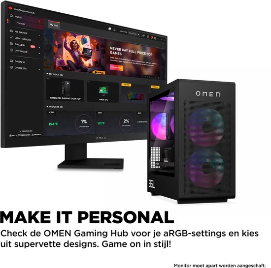 Zwarte OMEN gaming pc naast een monitor met OMEN Gaming Hub software, beide met RGB verlichting.