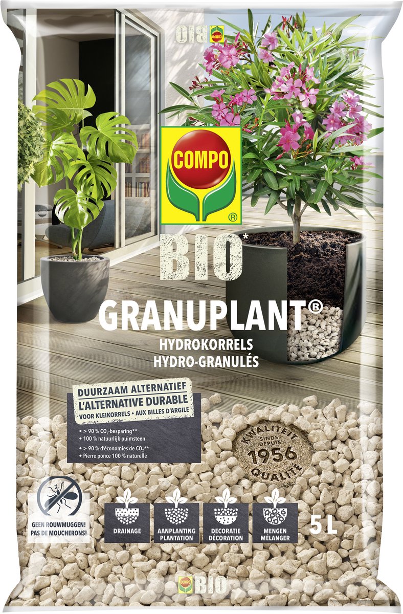 COMPO Bio Granuplant - 100% natuurlijke hydrokorrels - plant- & drainagegranulaat - duurzaam alternatief voor kleikorrels - zak 5L