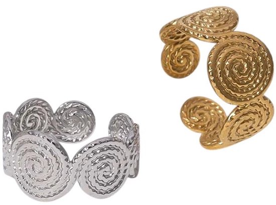 Zilverkleurige en goudkleurige verstelbare ring met gedraaide cirkelmotieven.