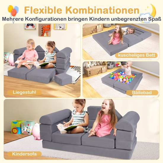 COSTWAY Modulaire kinderbank, 9-delige speelbank van schuimrubber, bouwstenen met comfortabele suède, modulaire bank voor kinderen om te spelen, creatief te zijn, te slapen (grijs) van COSTWAY — afbeelding 5
