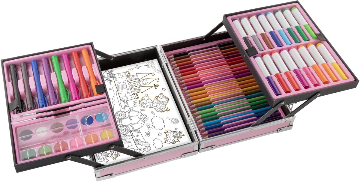Luxe Kleurkoffer voor Meisjes - Aluminium Schilder- en Teken Koffer - Stiften, Kleurpotloden, Markers, Aquarel Napjes, Krijtjes, Penselen, Canvas & Kleurboek - Creatief Knutselpakket in Koffer - Cadeau voor meisjes vanaf 3 jaar - Joya Creative — afbeelding 2