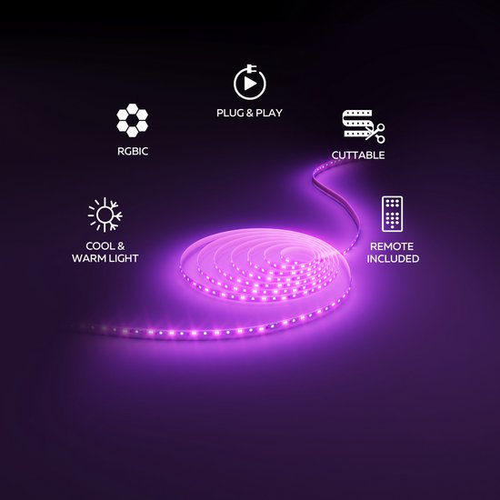 Een opgerolde paarse LED-strip met icoontjes voor Plug & Play, knipbaar, koel & warm licht en afstandsbediening.
