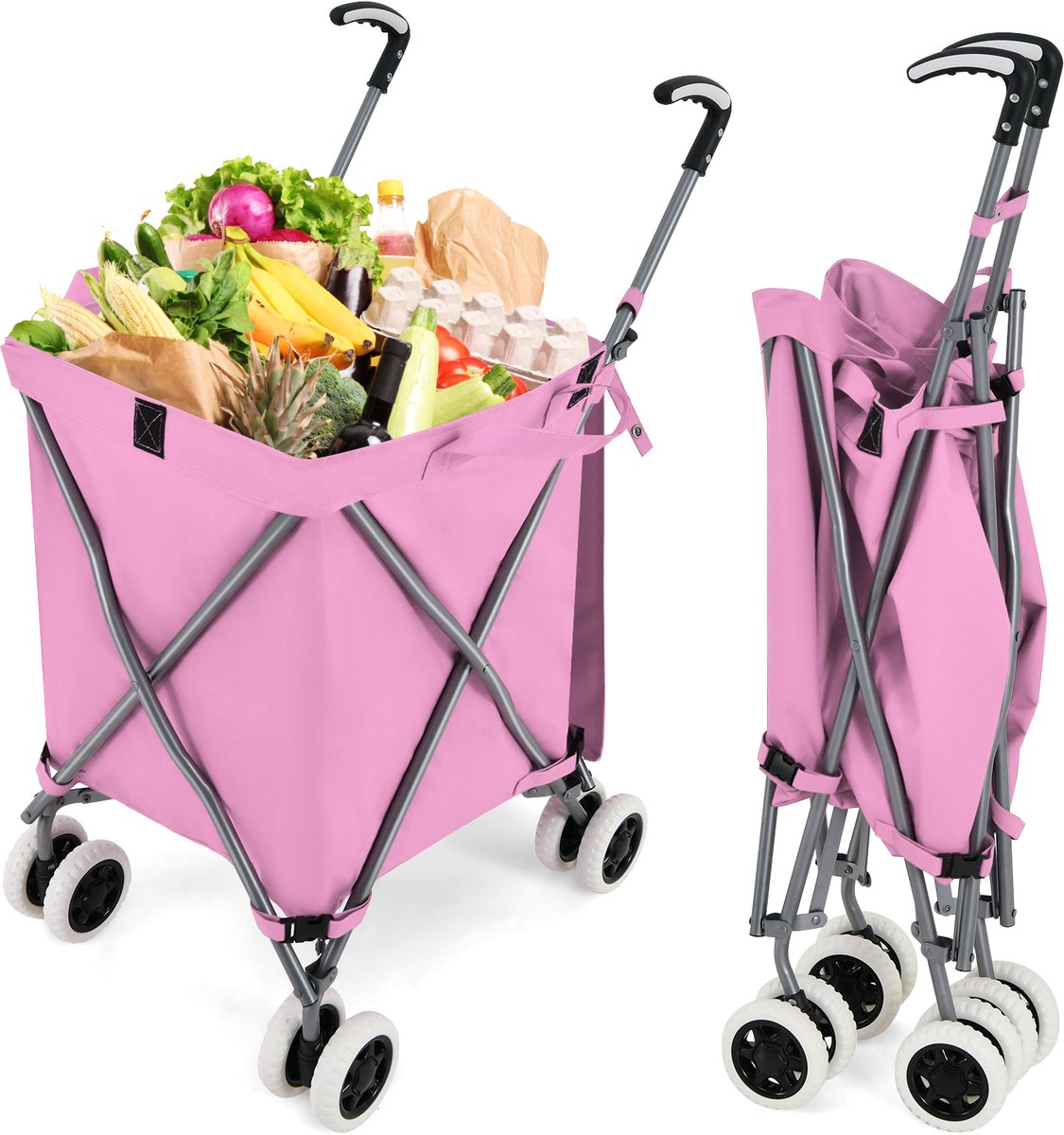 COSTWAY Opvouwbare boodschappentrolley met wielen, capaciteit 90 l / 55 kg, handwagen met afneembare Oxford-tas, winkelwagen inklapbaar, trolley tas met handvat, voor winkelen, kamperen, roze