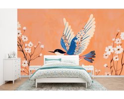 Behang - Fotobehang Vogel - Bloesemtakken - Warm - Kleurrijk - Breedte 400 cm x hoogte 300 cm